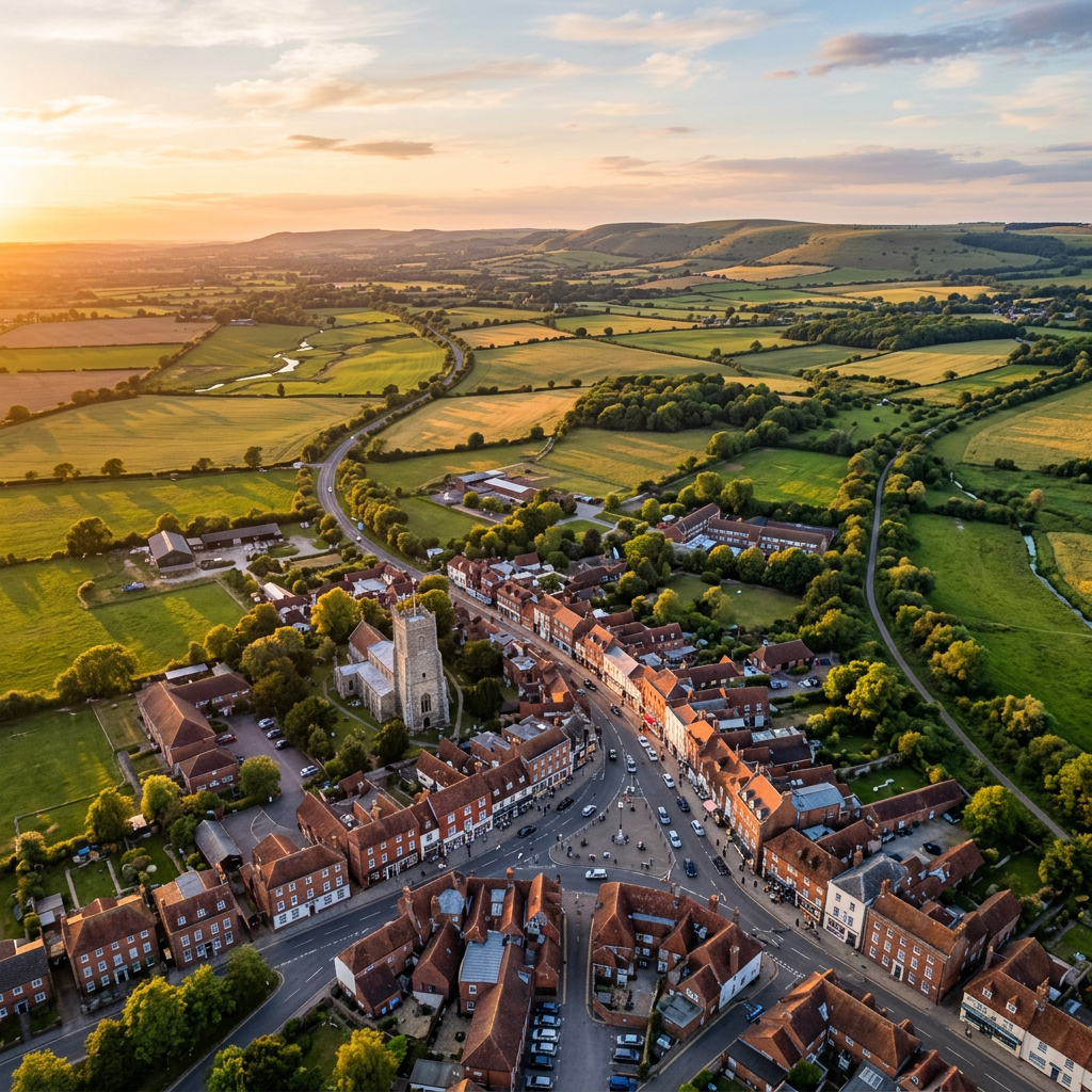 Aerial view of Hailsham, East Sussex at golden hour