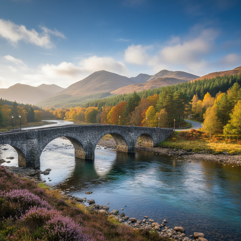 Scenic view of Conon Bridge, Scotland with lush greenery.