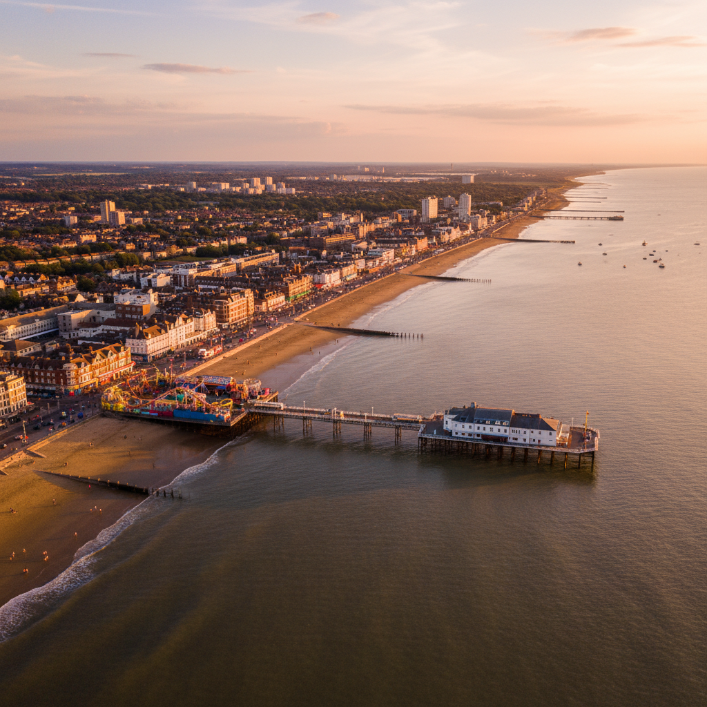 Aerial view of Southend-on-Sea pier and seafront at golden hour