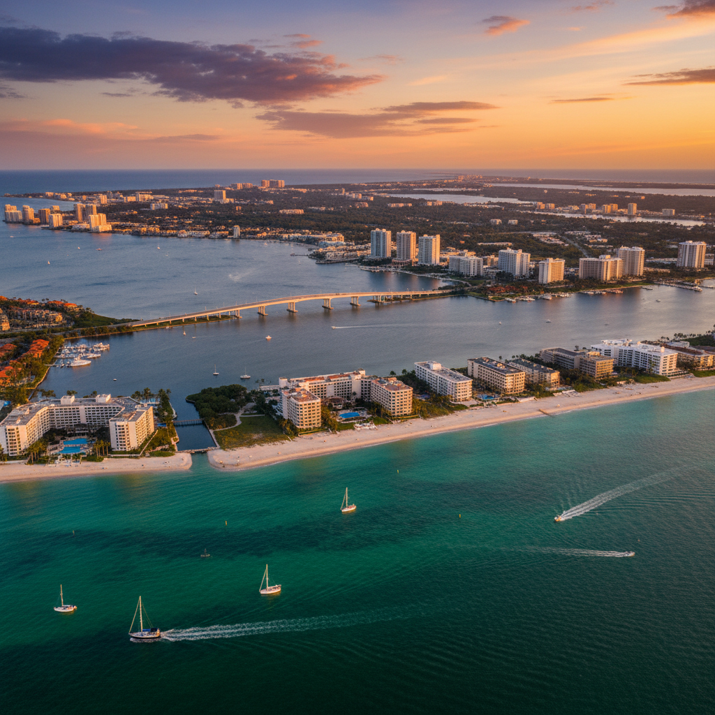 Aerial view of Sarasota Florida and Siesta Key beach at golden hour