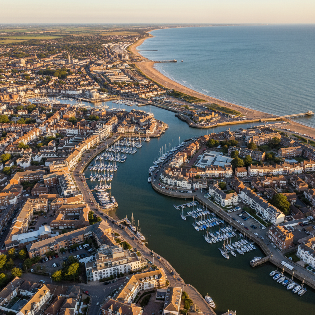 Aerial view of Shoreham-by-Sea, West Sussex at golden hour