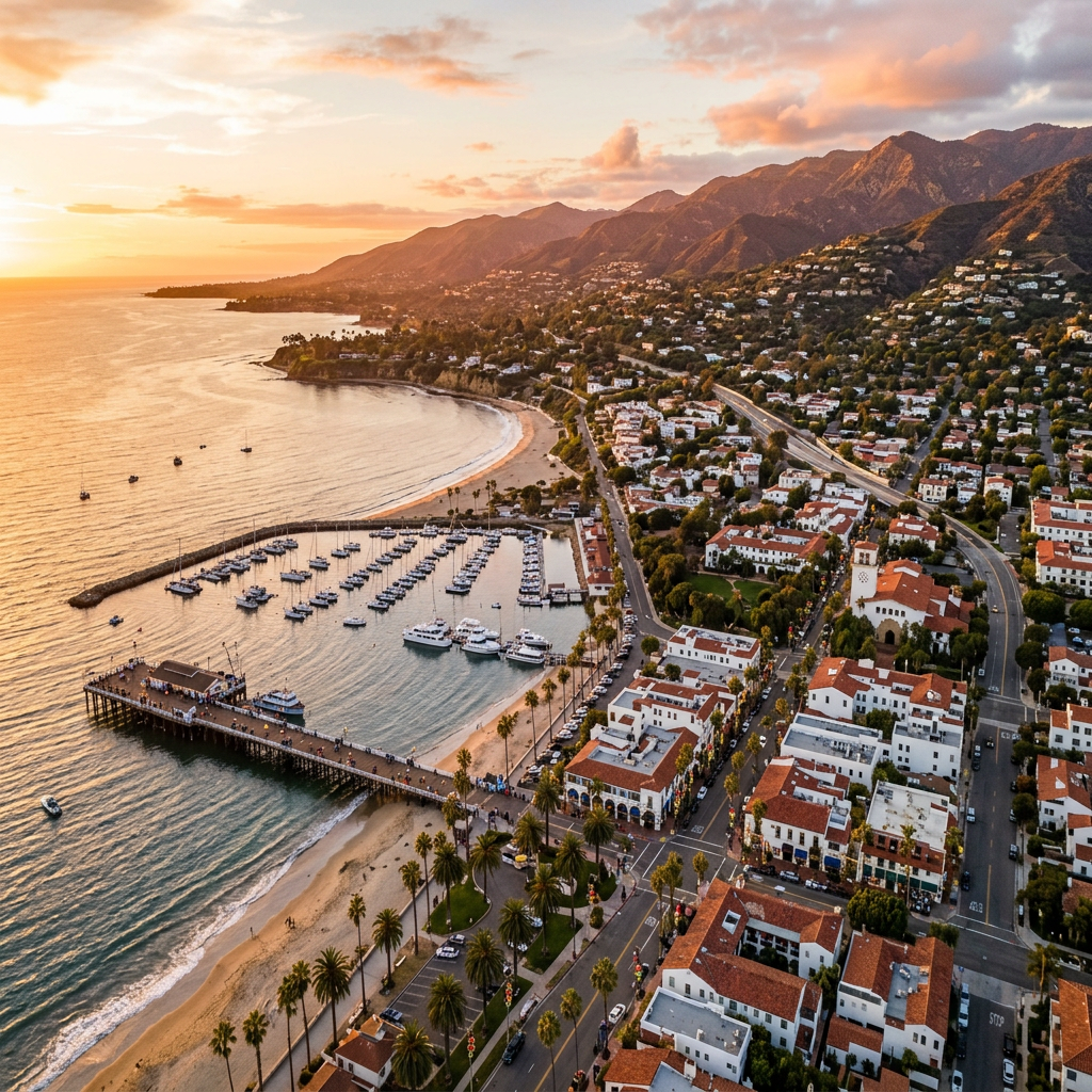 Aerial view of Santa Barbara California coastline and Spanish architecture at golden hour