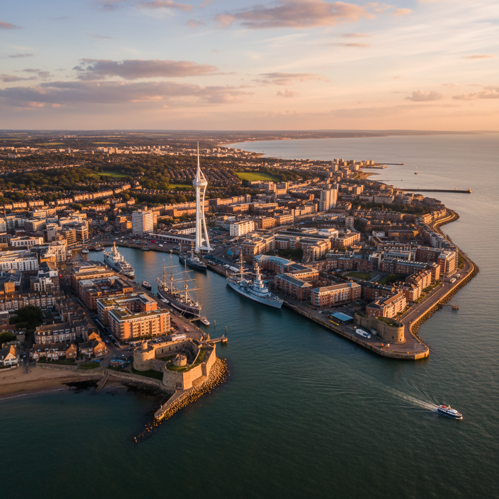 Aerial view of Portsmouth harbour and Spinnaker Tower at golden hour