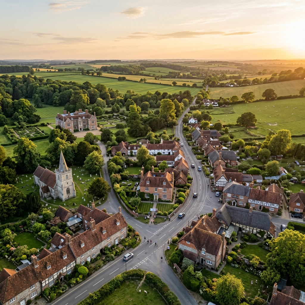 Aerial view of Chawton, Hampshire at golden hour