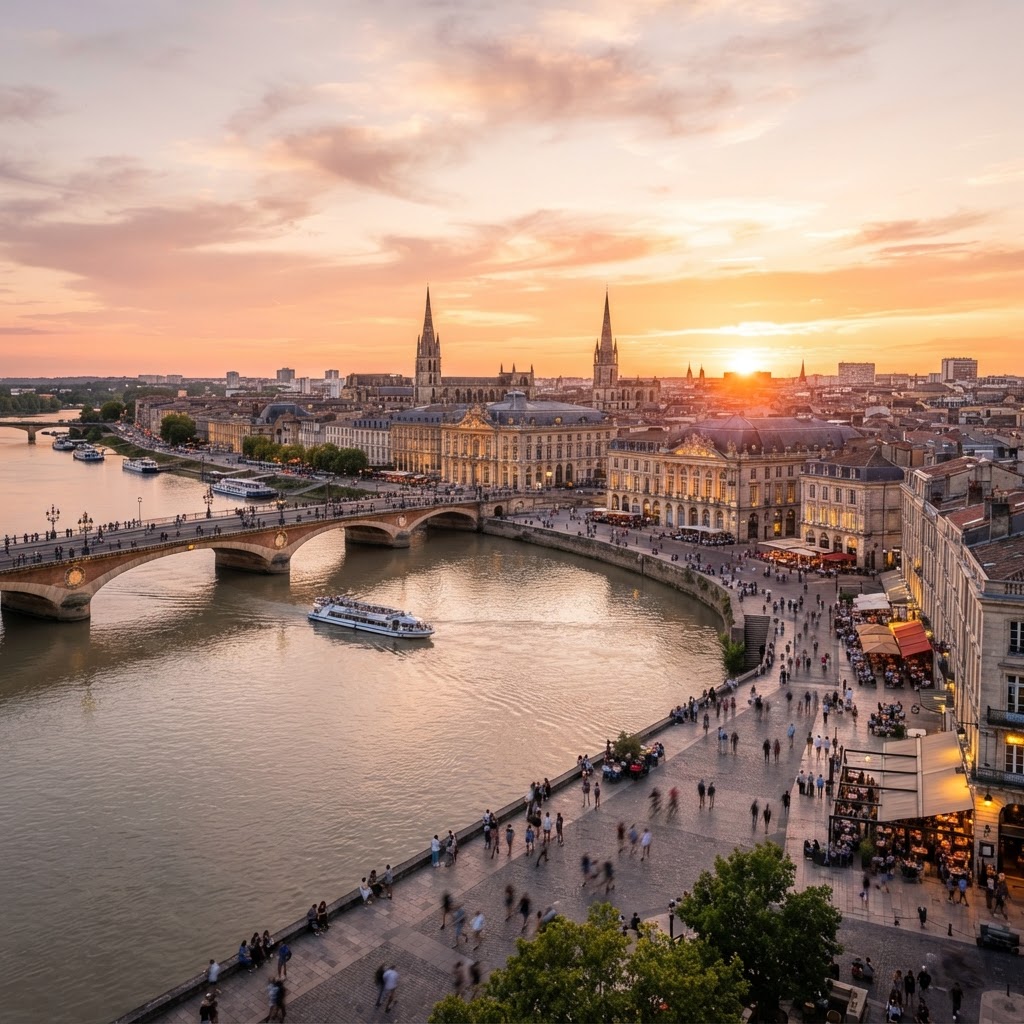 Stunning view of Bordeaux city skyline at sunset