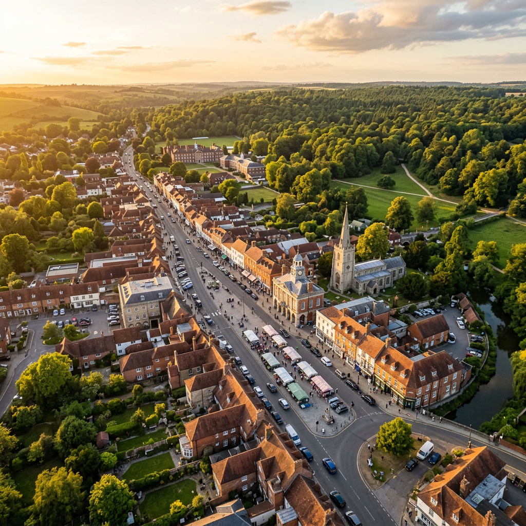 Aerial view of Marlborough, Wiltshire high street at golden hour