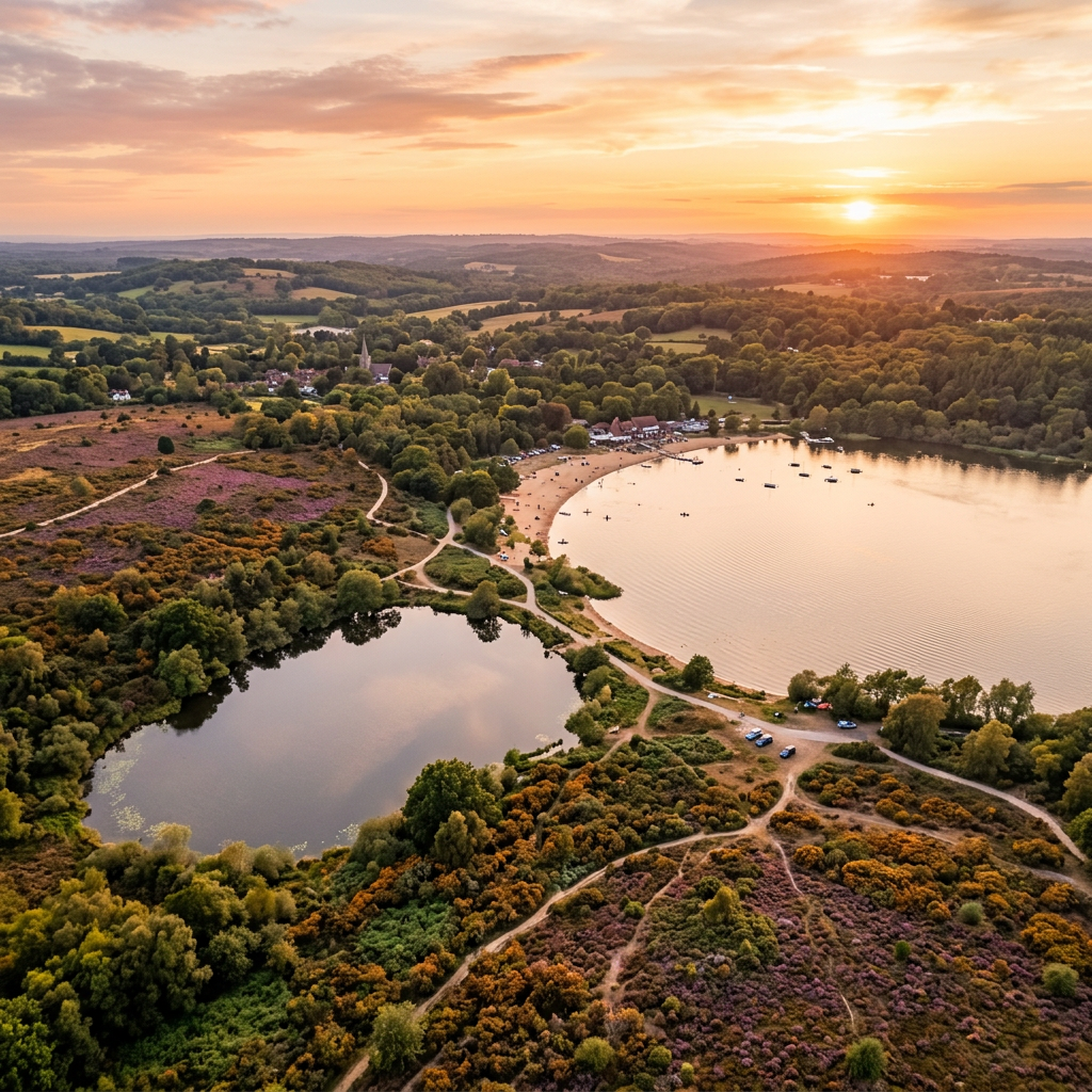 Aerial view of Frensham Ponds, Surrey at golden hour