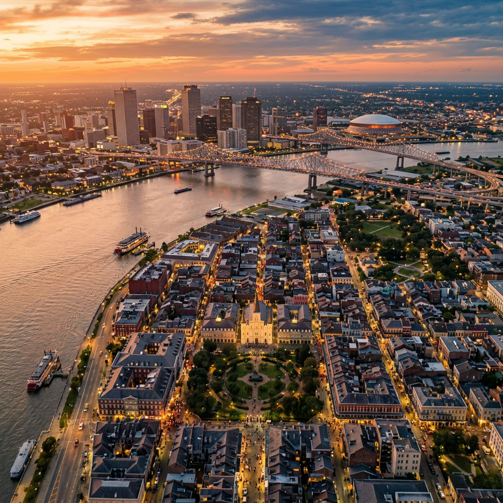 Aerial view of New Orleans Louisiana French Quarter and Mississippi River at golden hour