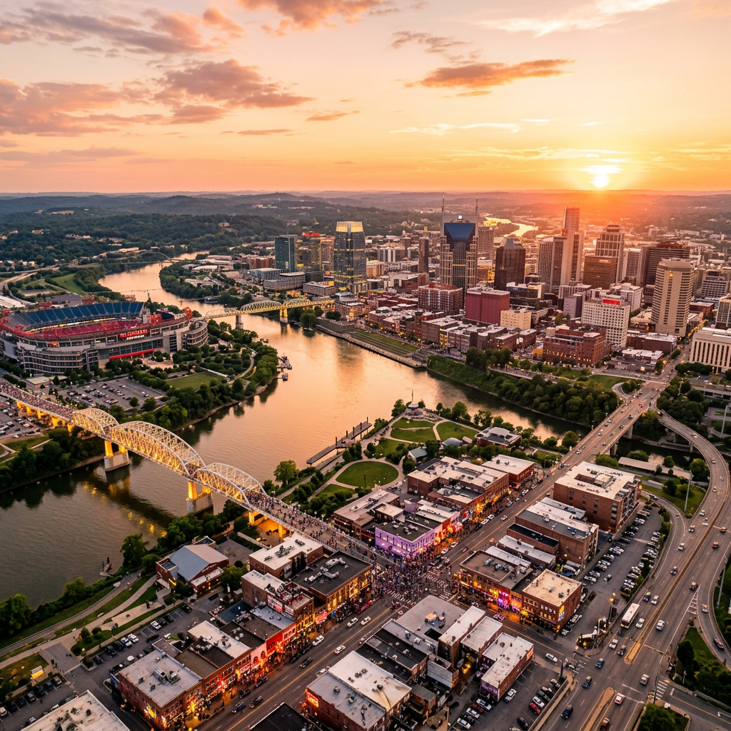 Aerial view of Nashville Tennessee downtown Broadway and Cumberland River at golden hour