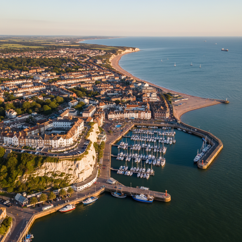 Aerial view of Ramsgate Royal Harbour, Kent at golden hour