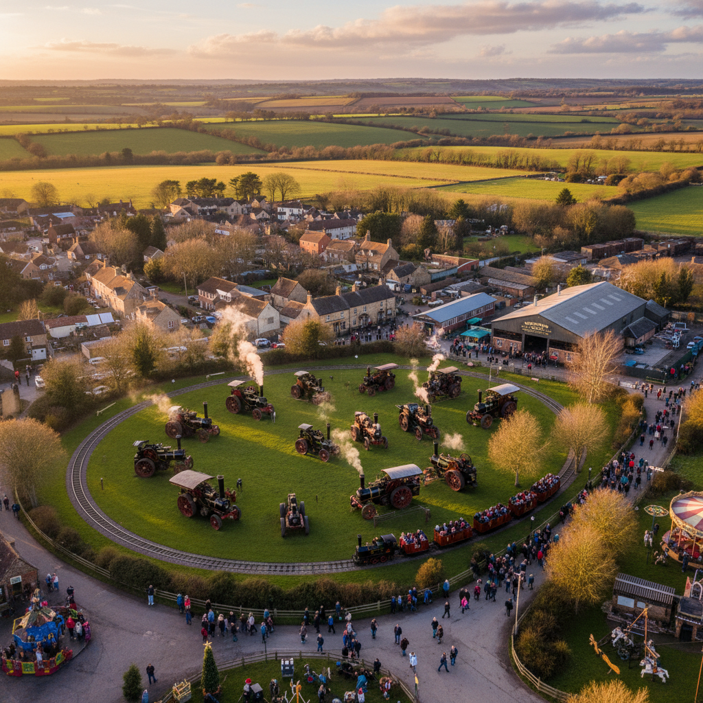 Aerial view of Thursford, Norfolk at golden hour