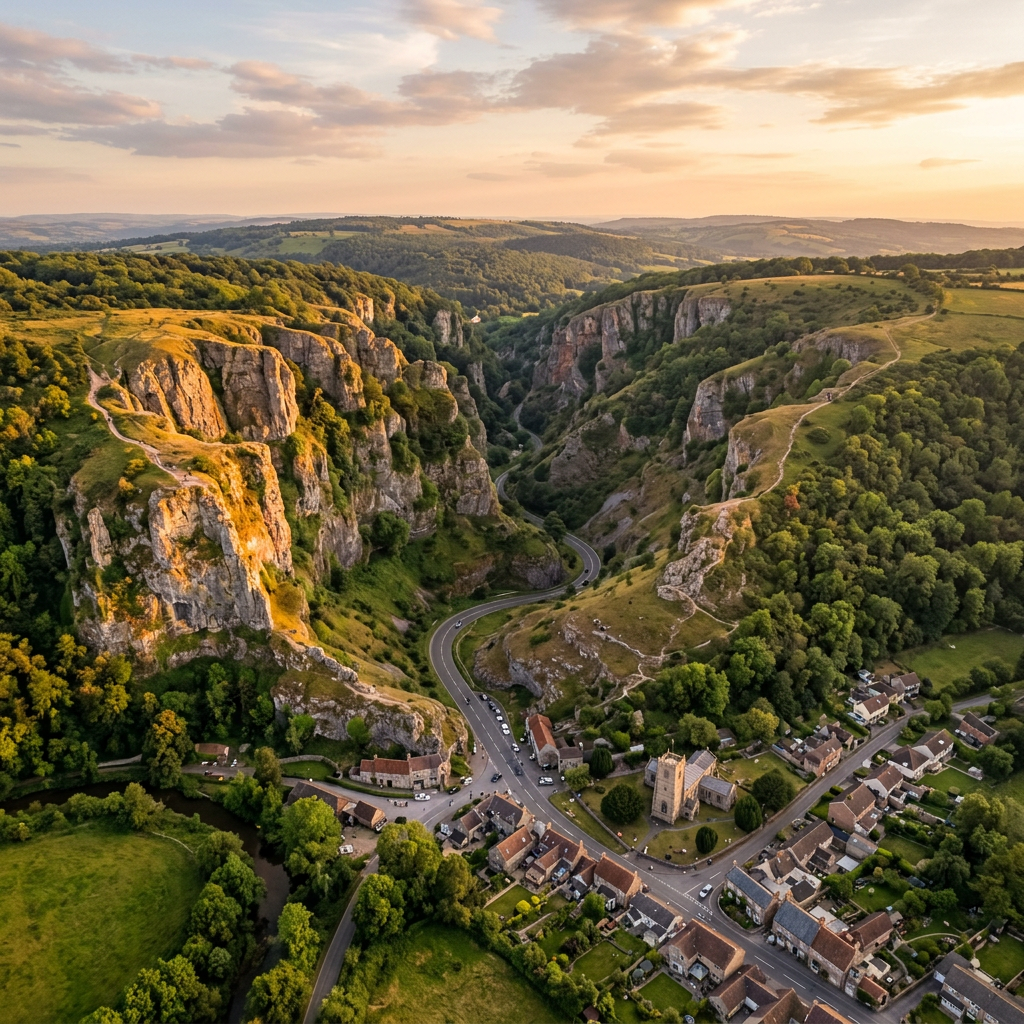 Aerial view of Cheddar Gorge, Somerset at golden hour