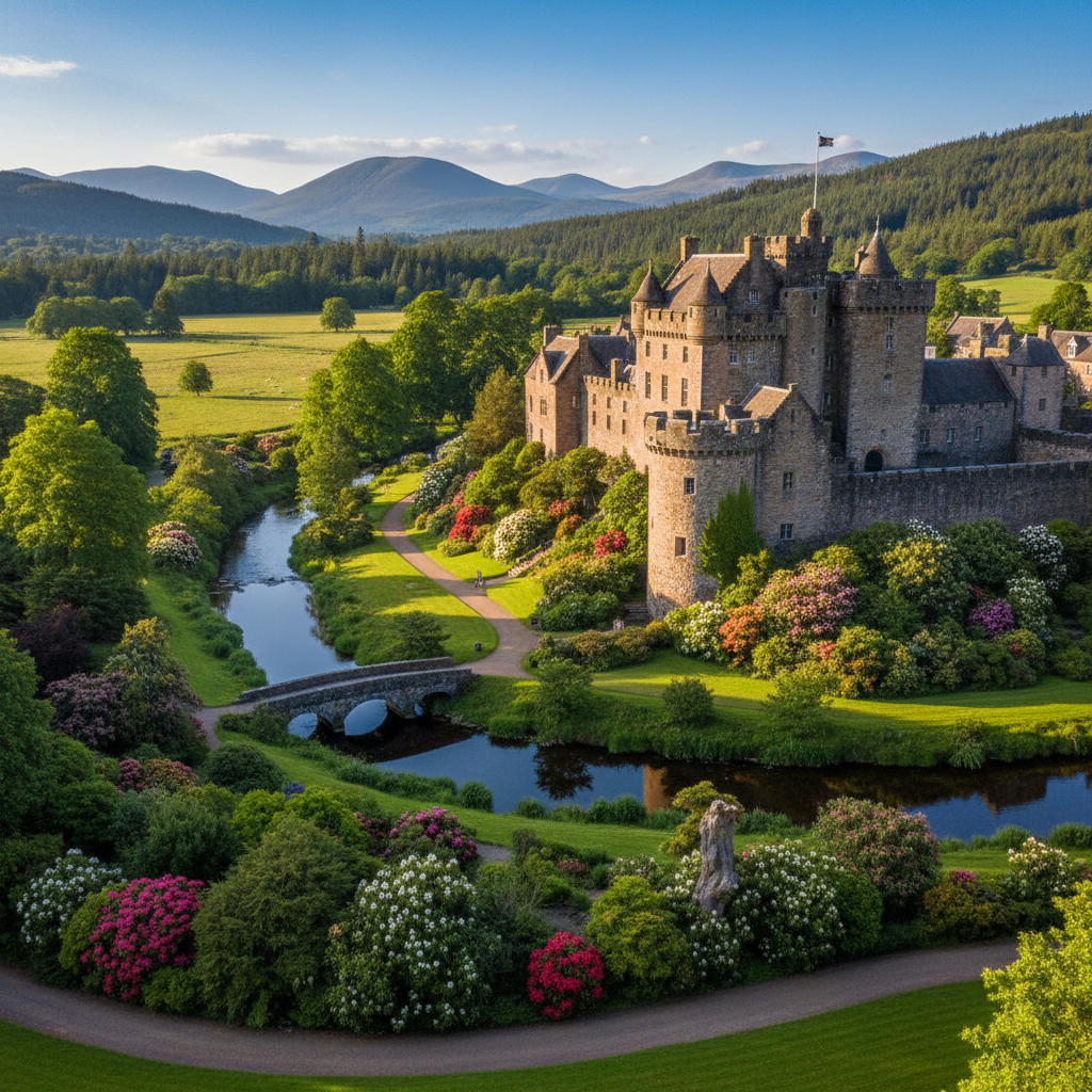 Scenic view of Cawdor, Scotland with lush landscapes and castle.