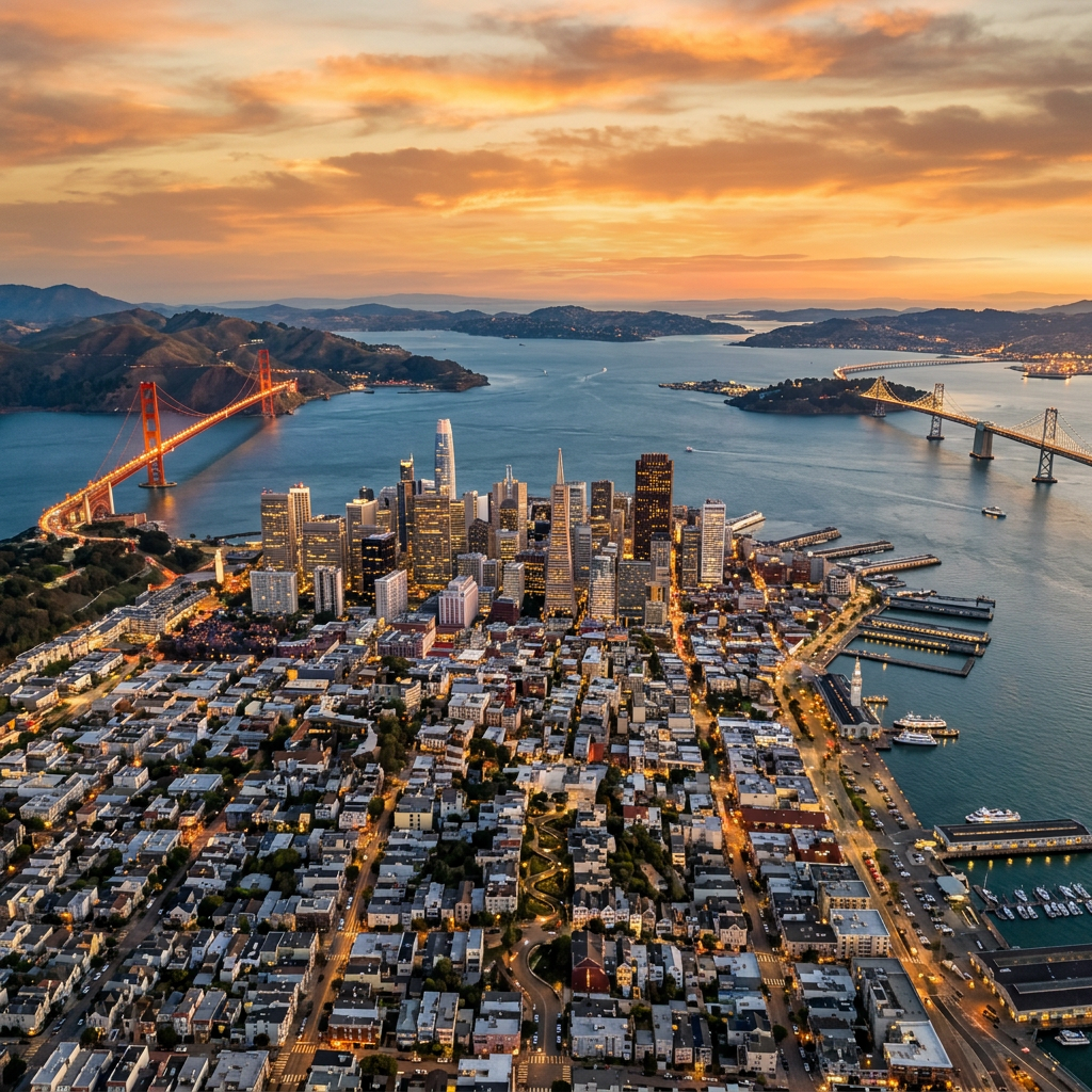 Aerial view of San Francisco California Golden Gate Bridge and bay at golden hour