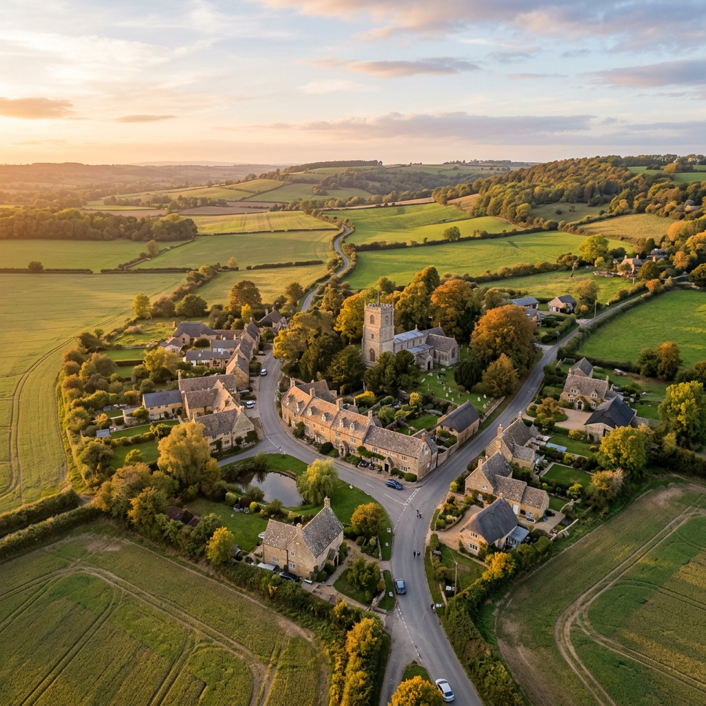 Aerial view of Coxwell, Oxfordshire at golden hour