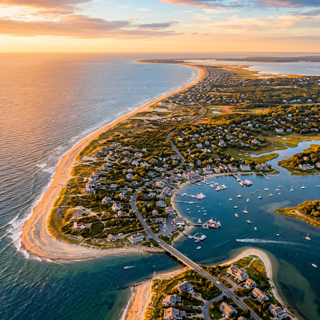 Aerial view of Cape Cod Massachusetts National Seashore beaches at golden hour