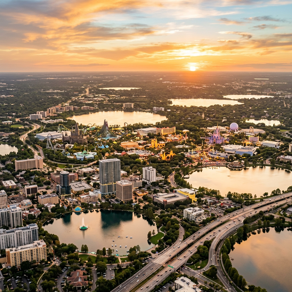 Aerial view of Orlando Florida skyline and lake area at golden hour