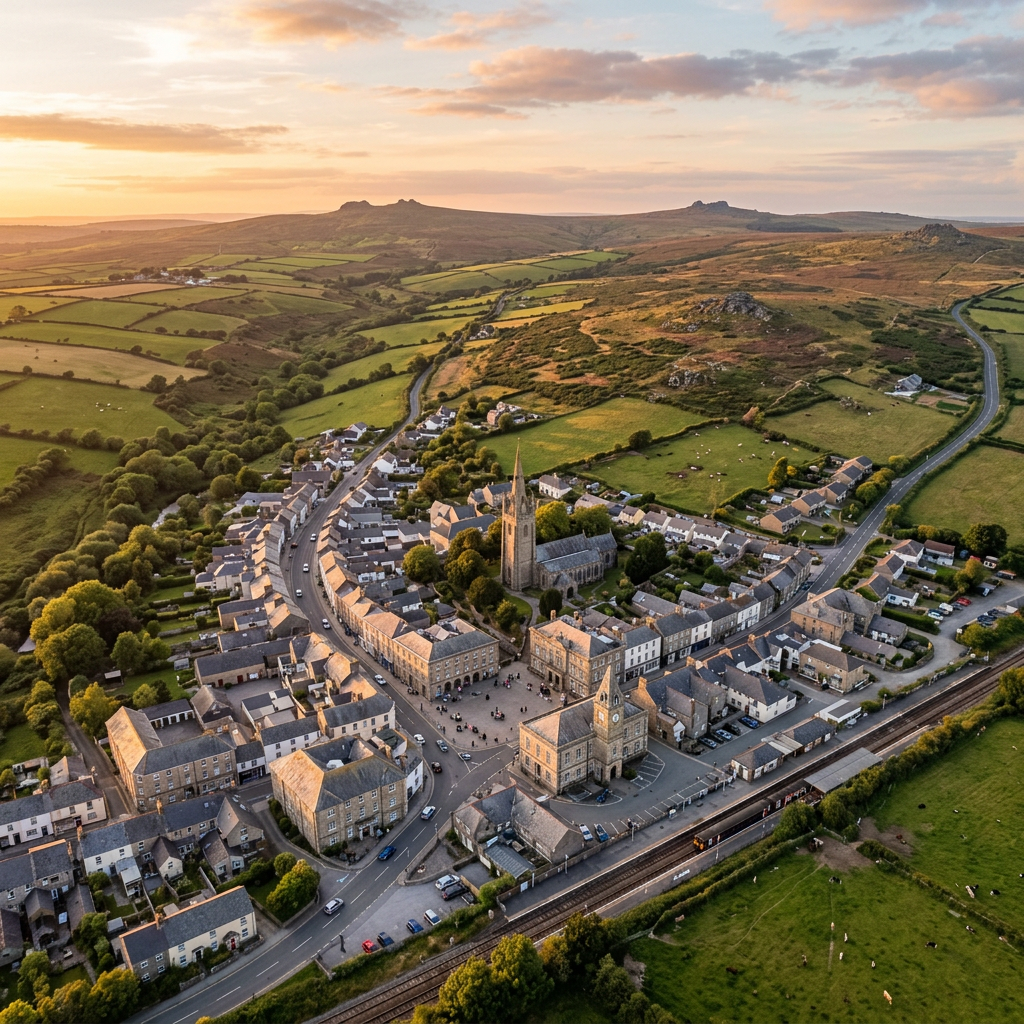 Aerial view of Liskeard, Cornwall at golden hour