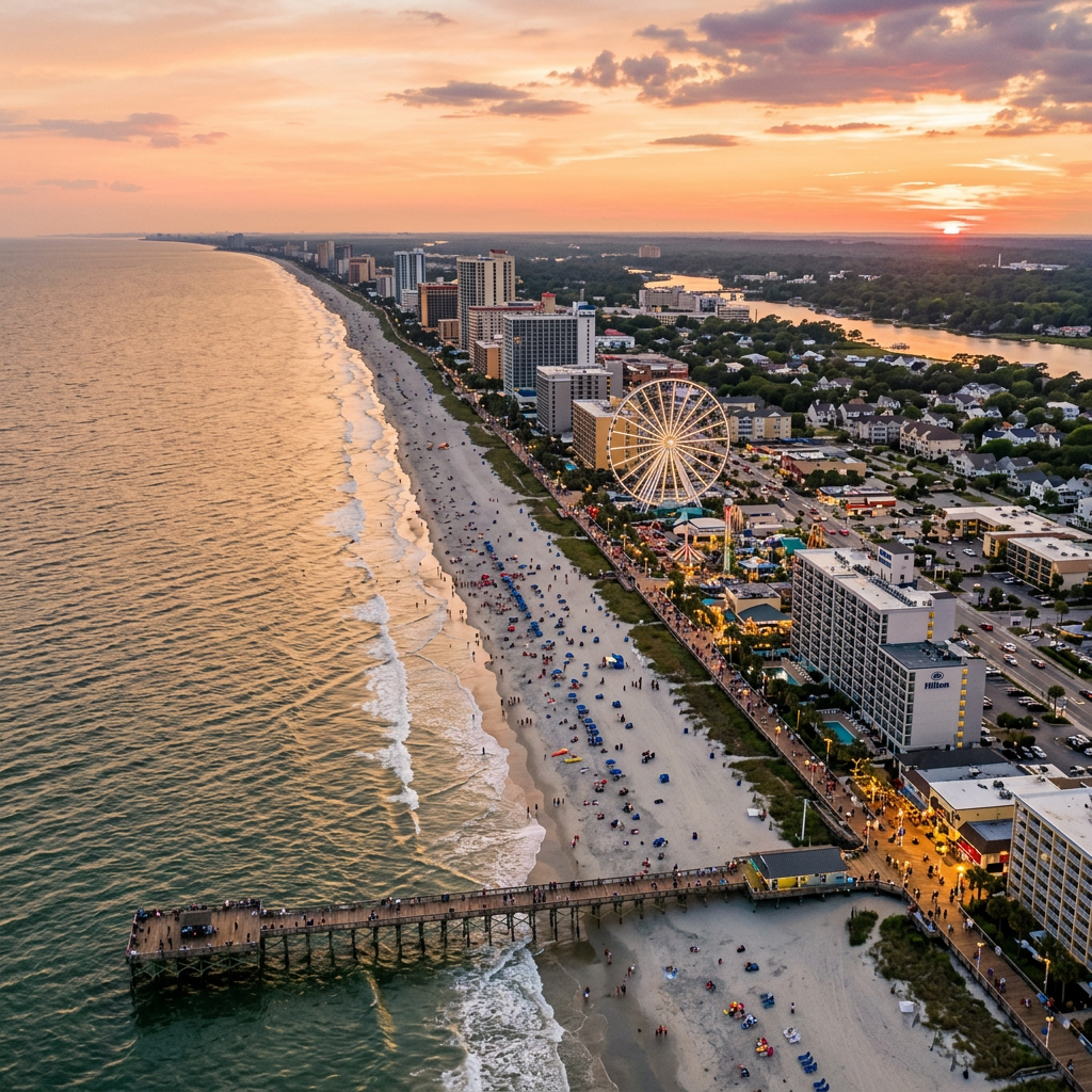 Aerial view of Myrtle Beach South Carolina Atlantic shoreline at golden hour
