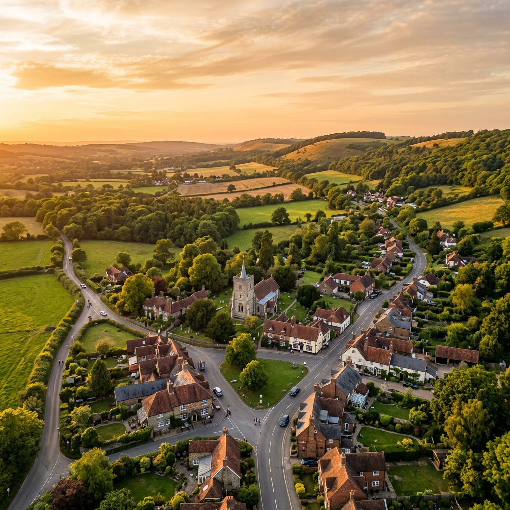 Aerial view of Great Bookham, Surrey at golden hour