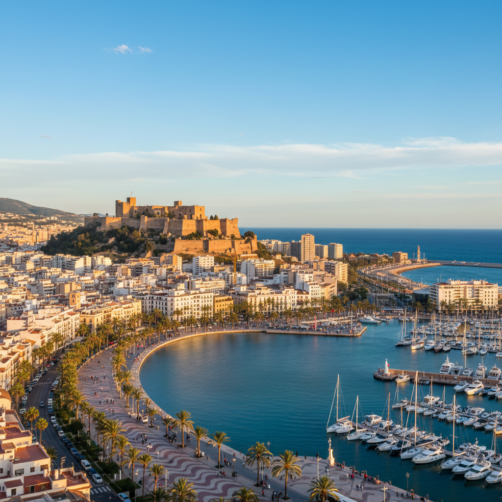 Stunning sunset over Alicante, Spain's coastline and castle.
