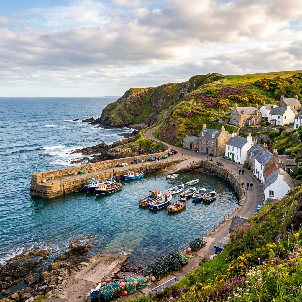 Scenic view of Catterline, Scotland with coastal cliffs and sea.
