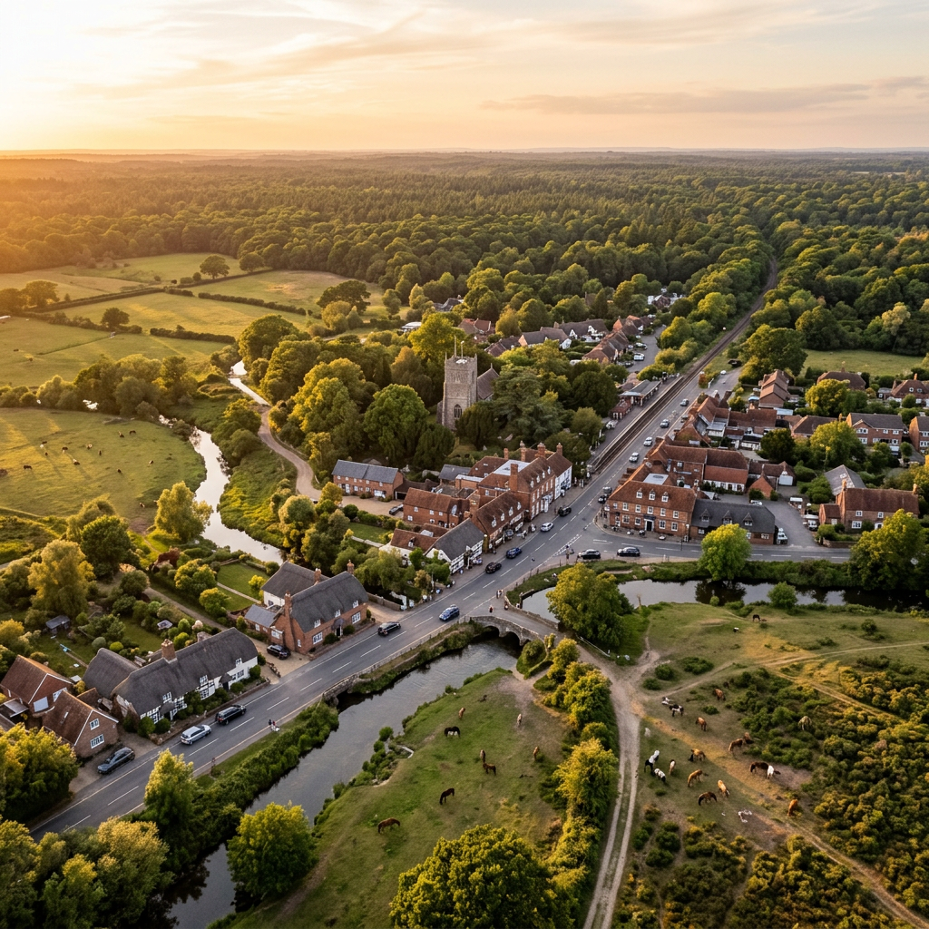 Aerial view of Brockenhurst, New Forest at golden hour