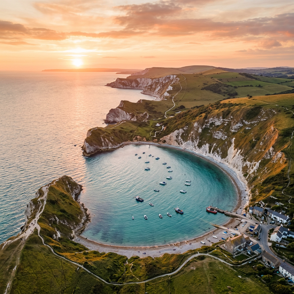 Aerial view of Lulworth Cove, Dorset Jurassic Coast at golden hour
