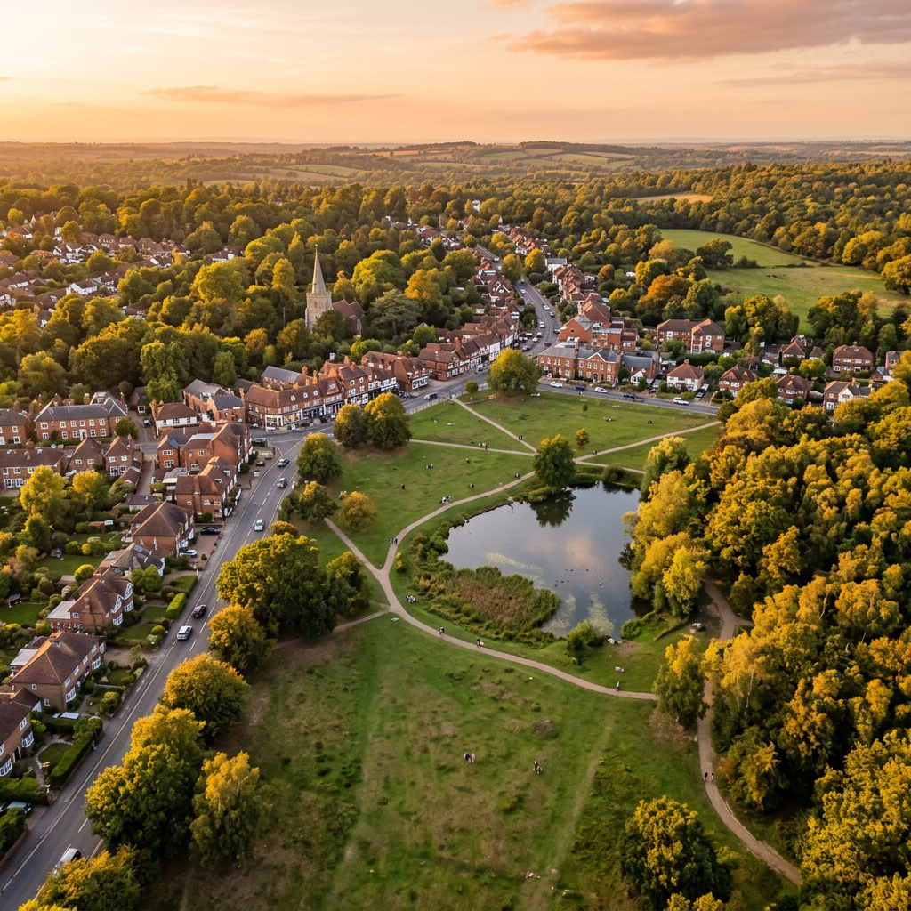 Aerial view of Chislehurst, Kent at golden hour