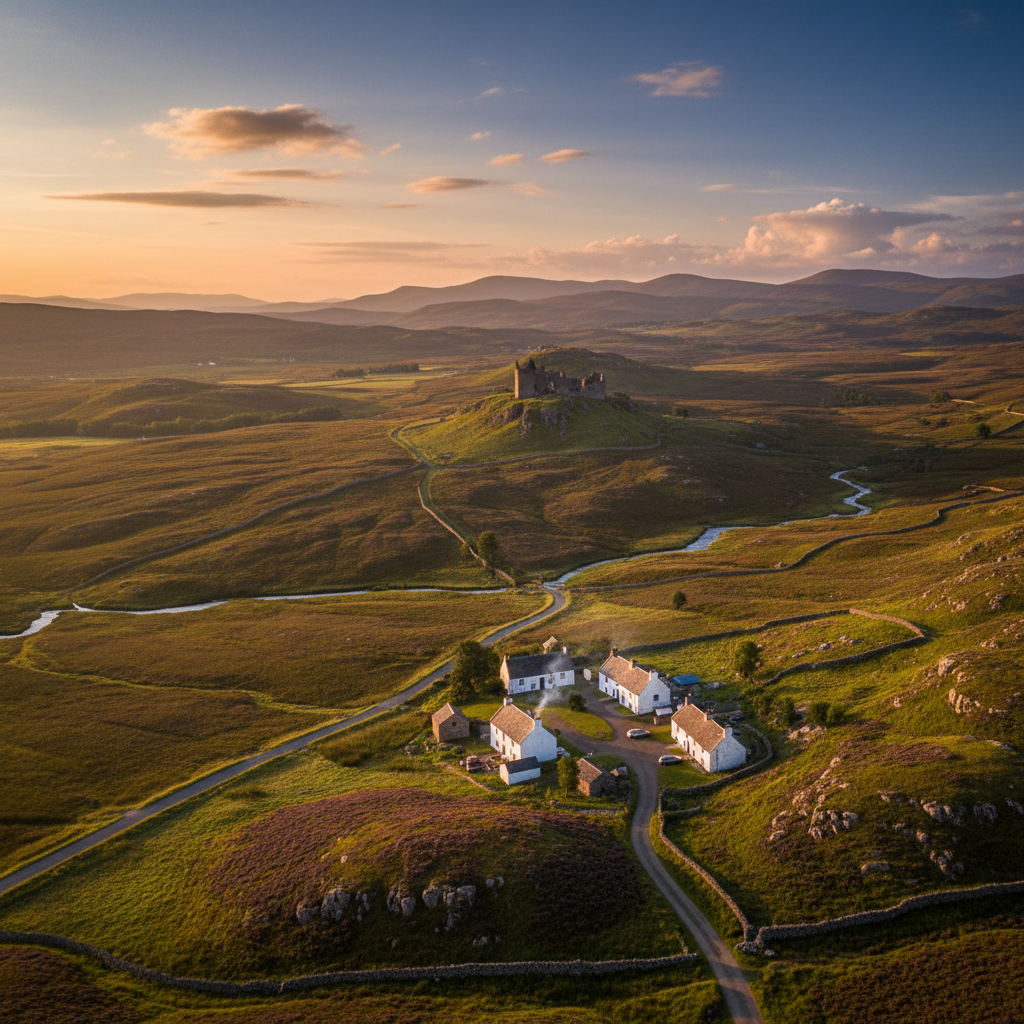 Scenic view of Cabrach, Scotland with rolling hills and greenery.