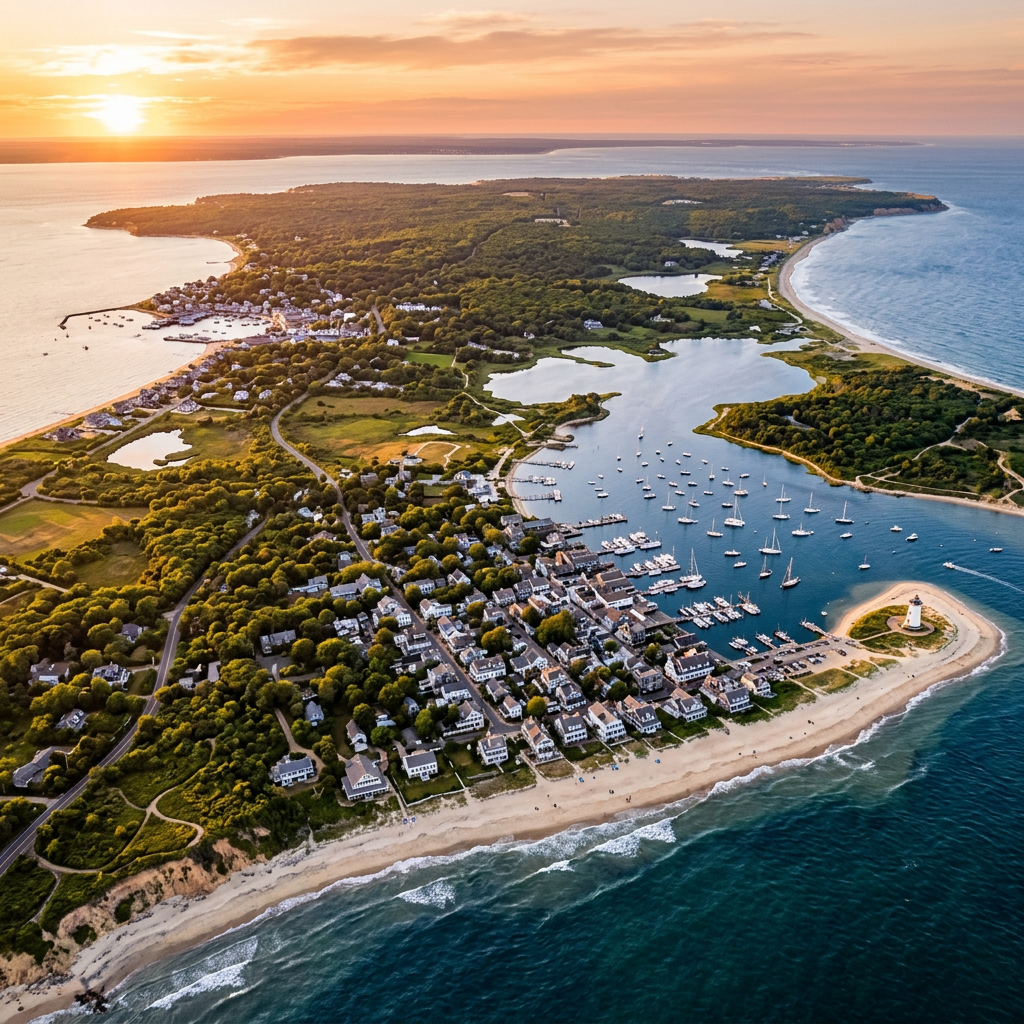 Aerial view of Martha's Vineyard Massachusetts island and coastline at golden hour