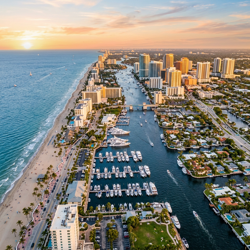 Aerial view of Fort Lauderdale beach and waterways at golden hour