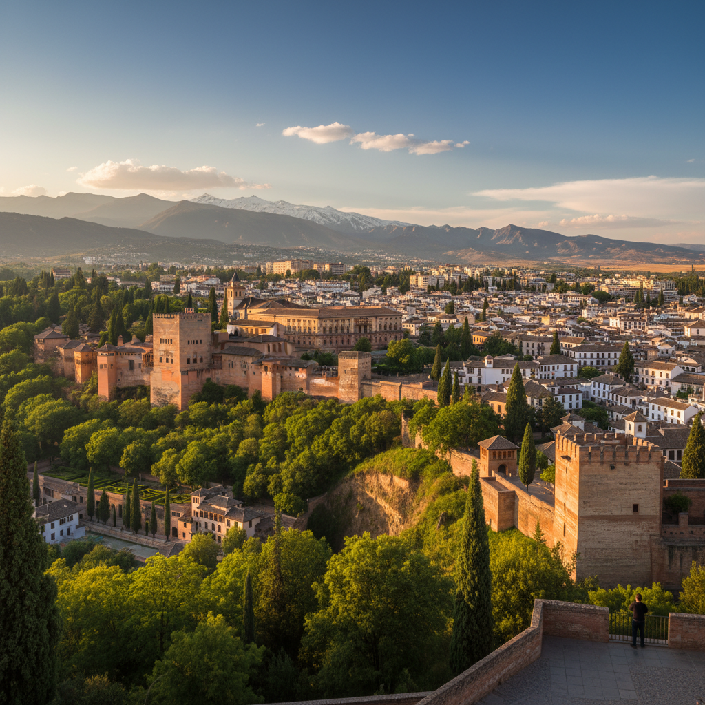 Stunning view of Alhambra and Sierra Nevada, Granada, Spain.