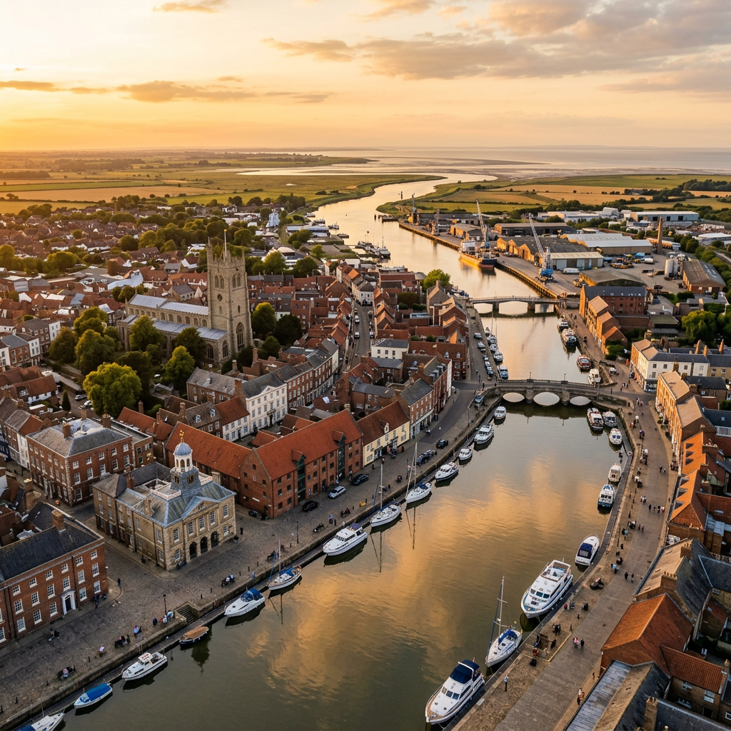 Aerial view of Kings Lynn, Norfolk at golden hour