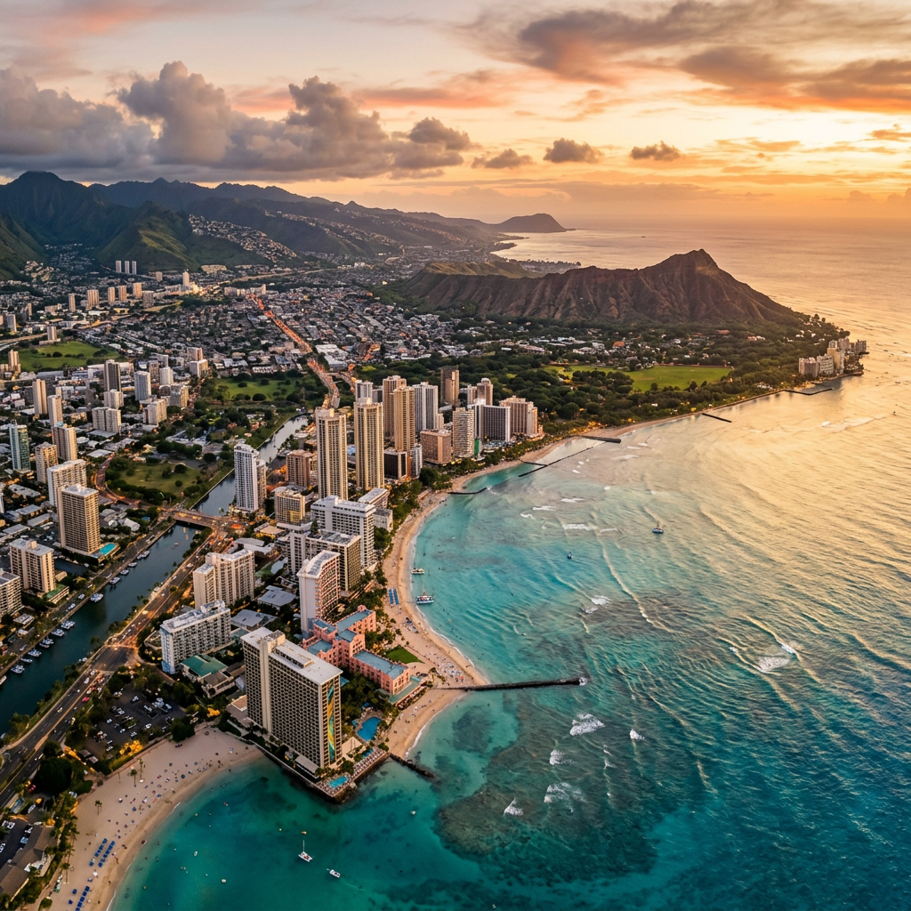 Aerial view of Honolulu Hawaii Waikiki Beach and Diamond Head at golden hour