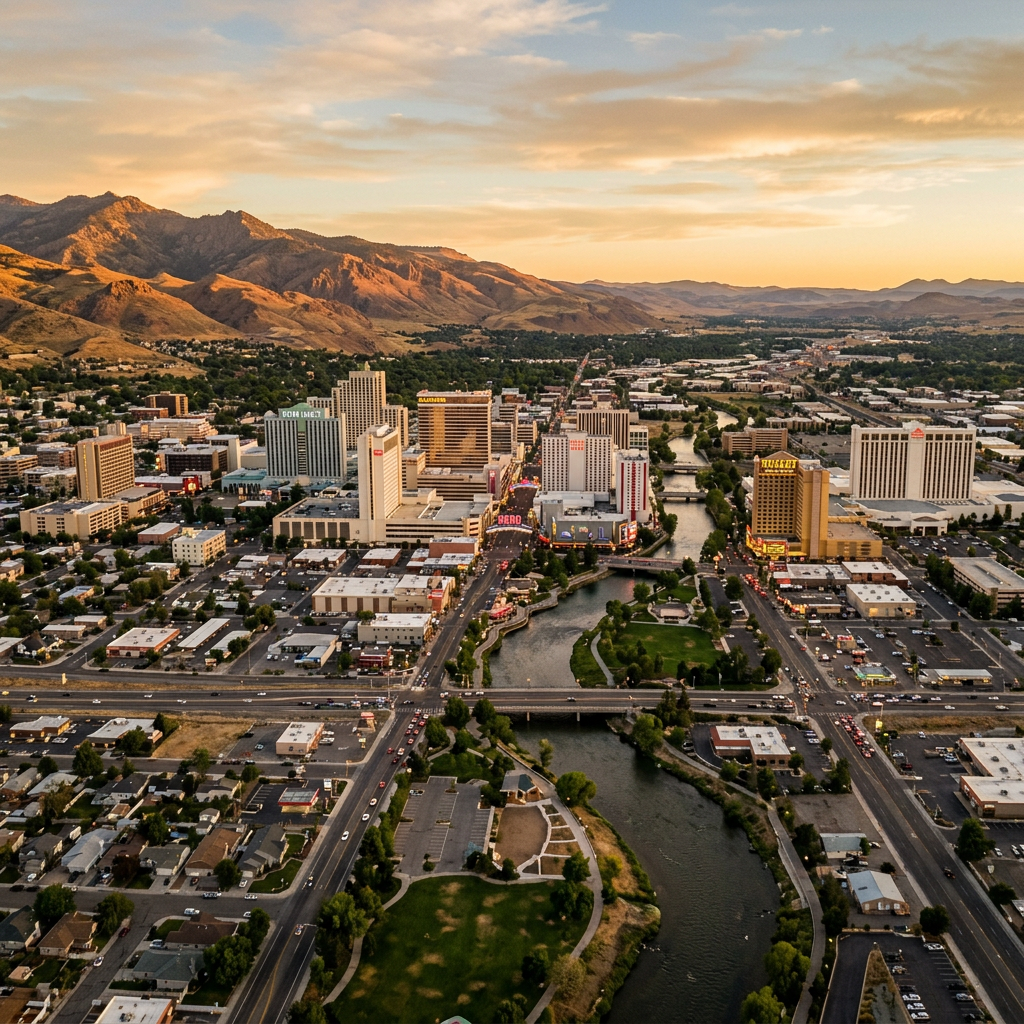 Aerial view of Reno Nevada city and Sierra Nevada mountains at golden hour