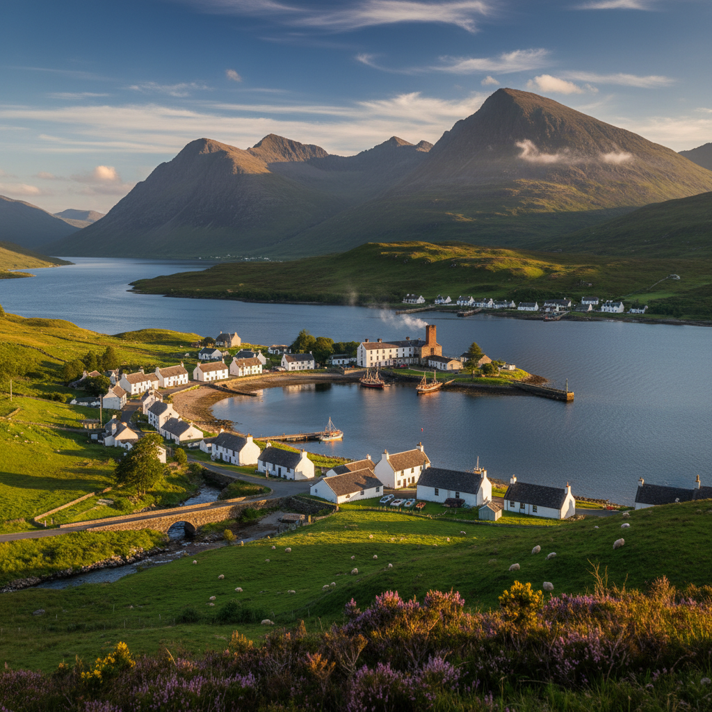 Stunning view of Carbost, Scotland with hills and loch.
