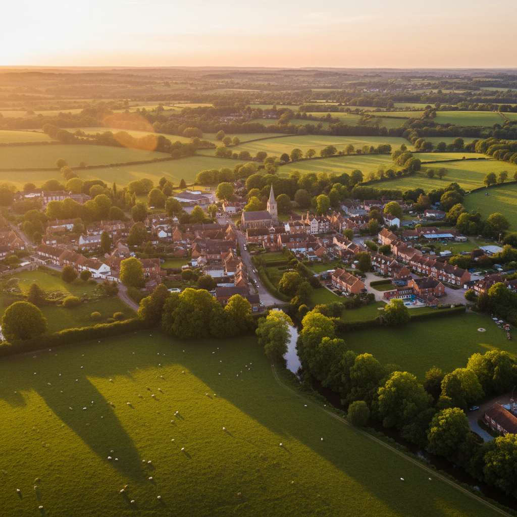 Aerial view of Cranleigh, Surrey at golden hour