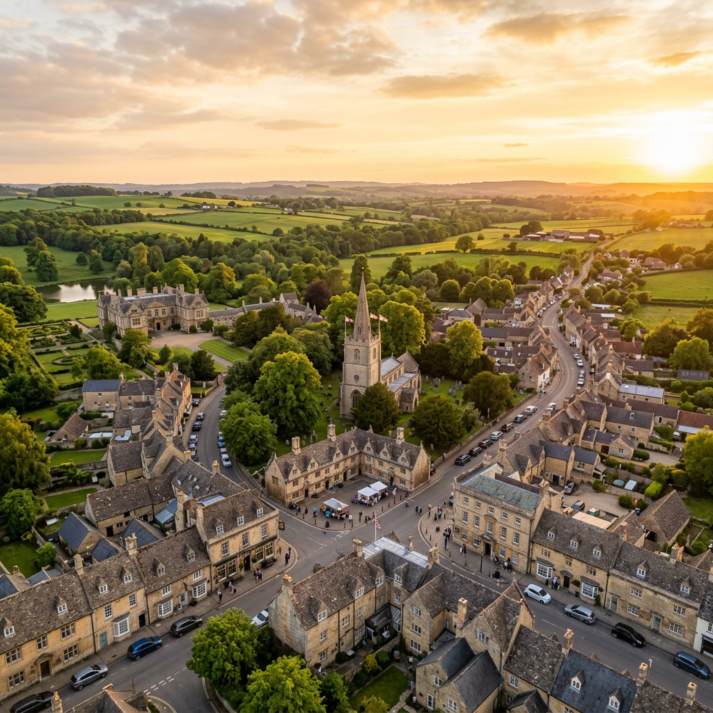 Aerial view of Corsham, Wiltshire at golden hour