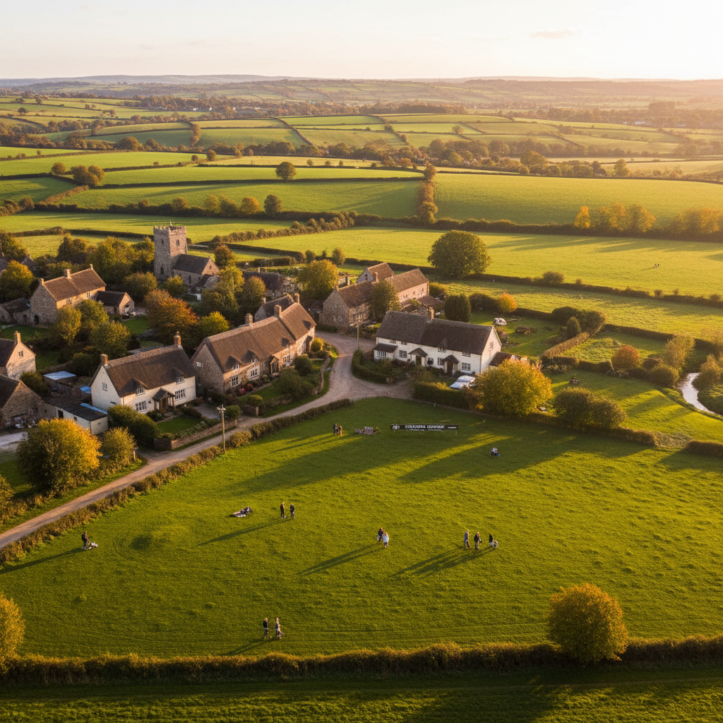 Aerial view of Stourton Caundle, Dorset at golden hour