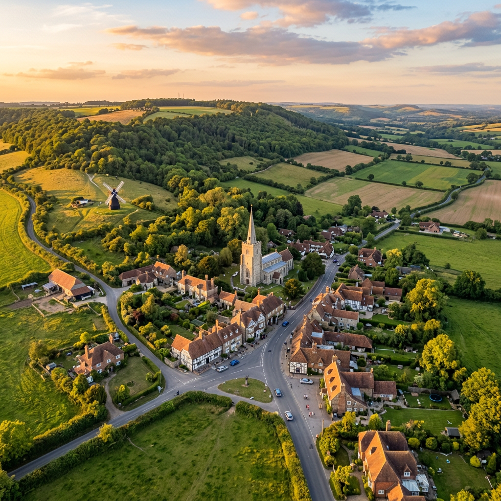 Aerial view of Charing, Kent at golden hour