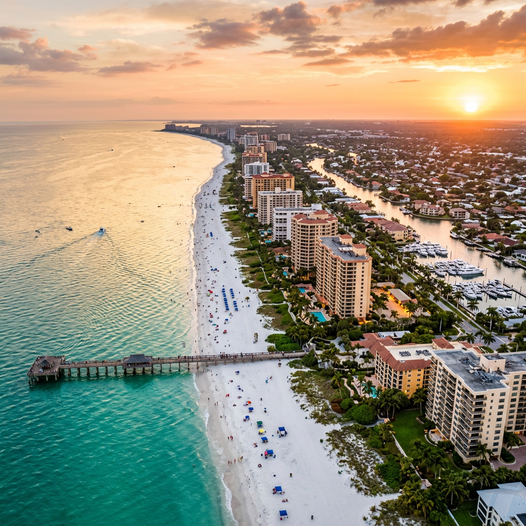 Aerial view of Naples Florida Gulf Coast beach at golden hour