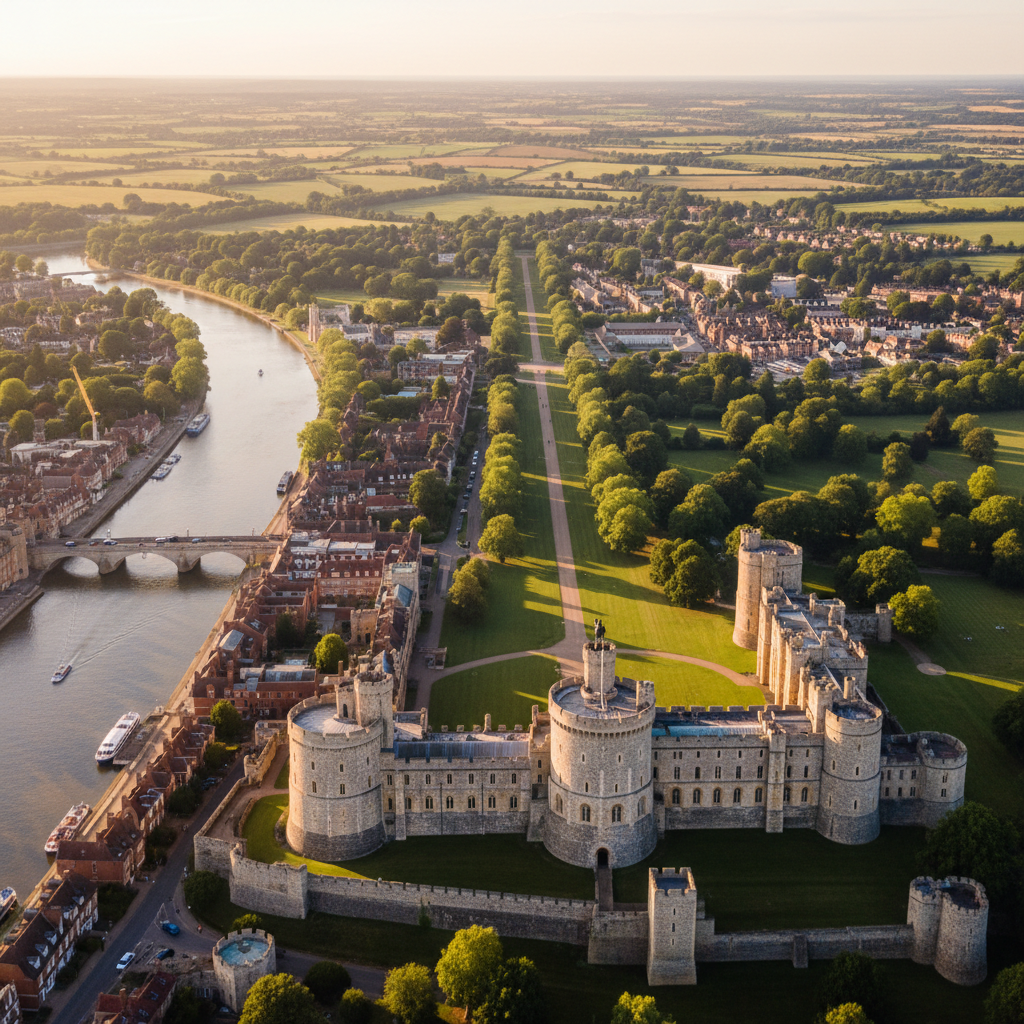 Aerial view of Windsor Castle and town at golden hour