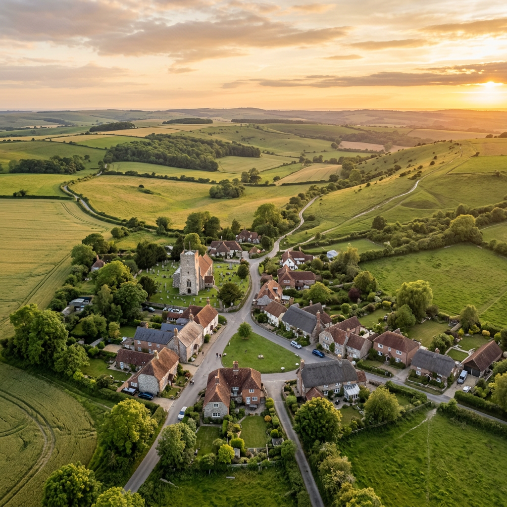 Aerial view of Chilcomb, Hampshire at golden hour