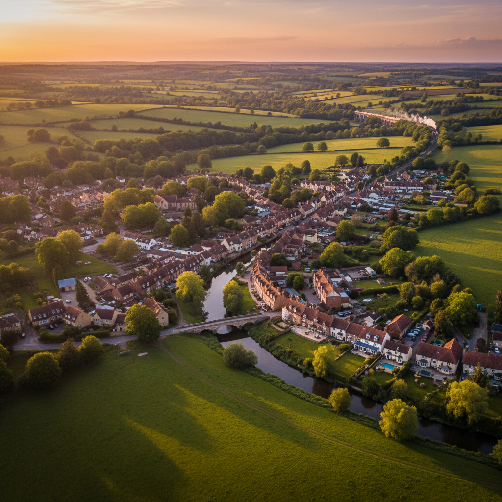 Aerial view of Robertsbridge, East Sussex at golden hour