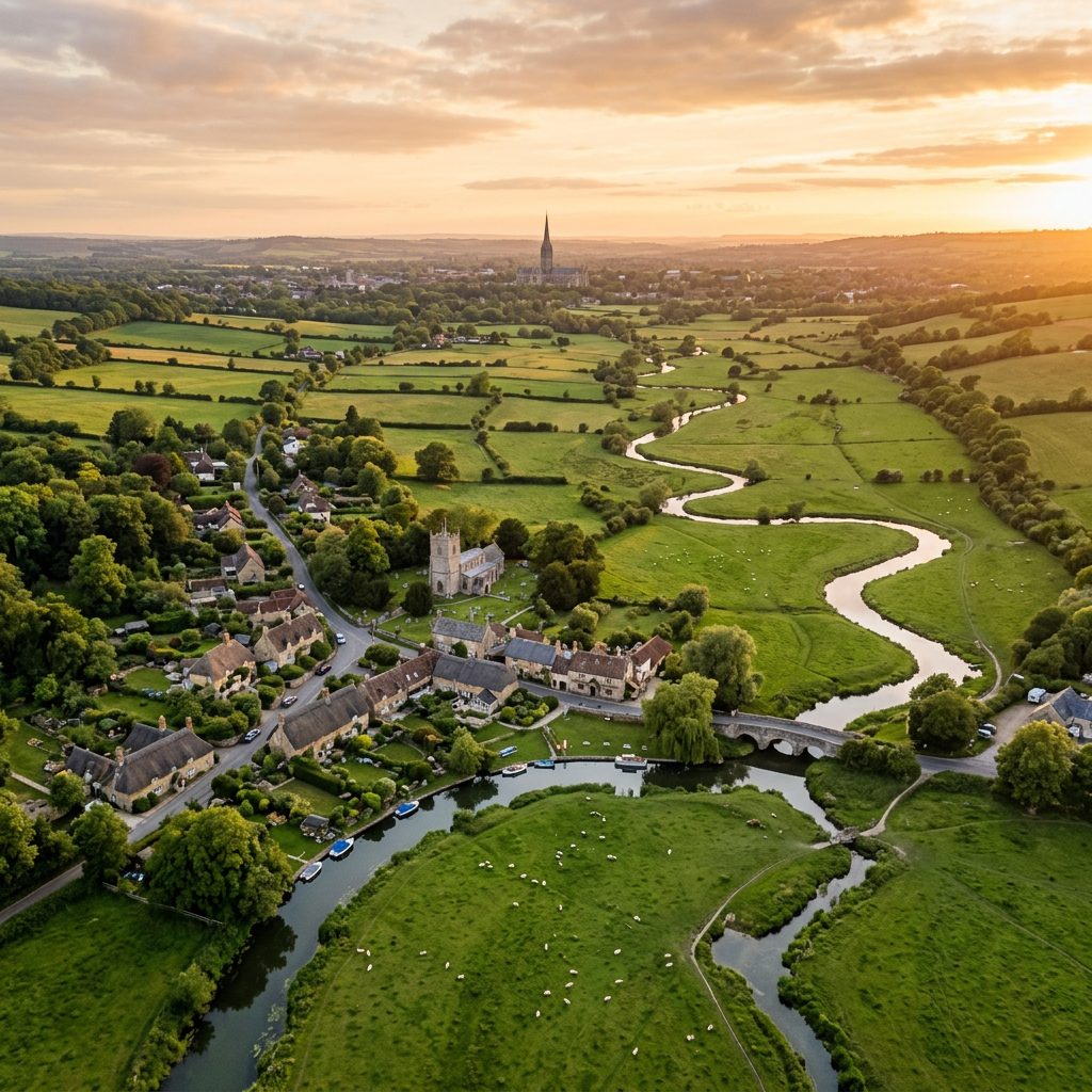 Aerial view of Britford, Wiltshire at golden hour