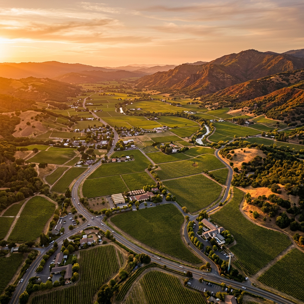 Aerial view of Napa Valley California vineyards and rolling hills at golden hour