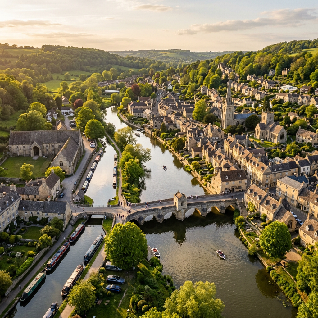 Aerial view of Bradford-on-Avon, Wiltshire at golden hour