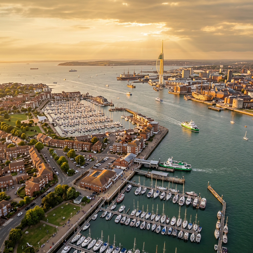 Aerial view of Gosport Harbour, Hampshire at golden hour