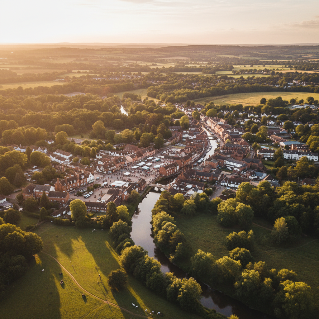 Aerial view of Ringwood, Hampshire at golden hour
